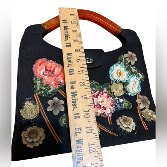Floral Colorful Embellished Black Handbag with Needlework - Picture 2 of 7